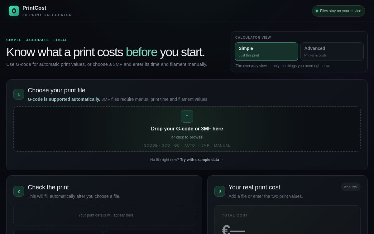 Aperçu du calculateur PrintCost